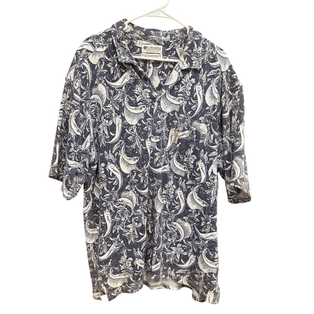 Columbia Fishing Shirt Button Up Short Sleeve Fish Print Camp‎ Shirt XL